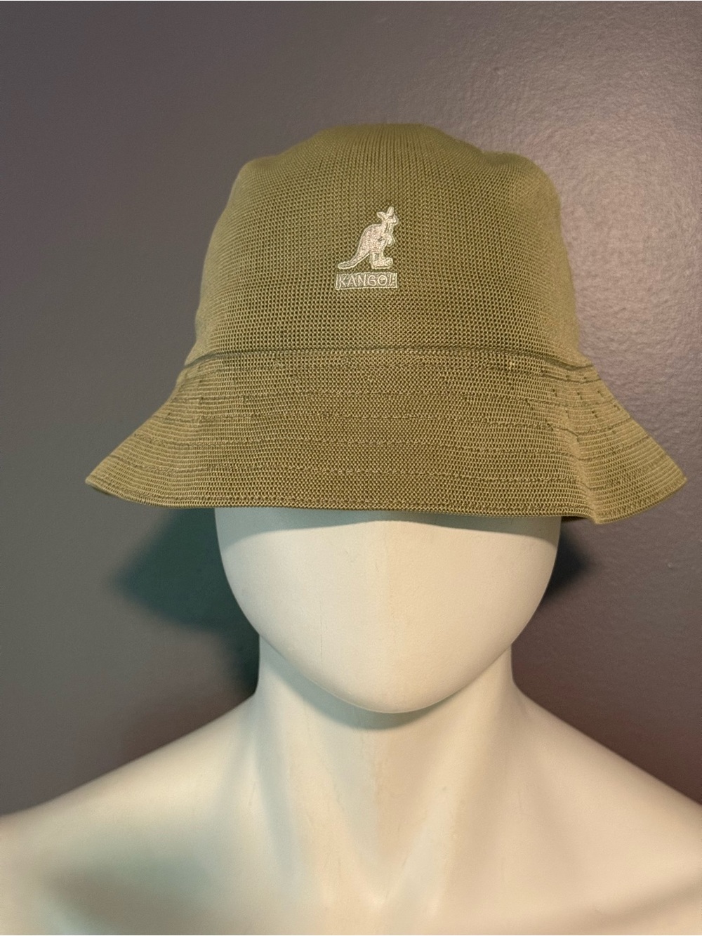 Kangol Olive-Toned Knit Bucket Hat with Embroidered Kangaroo
